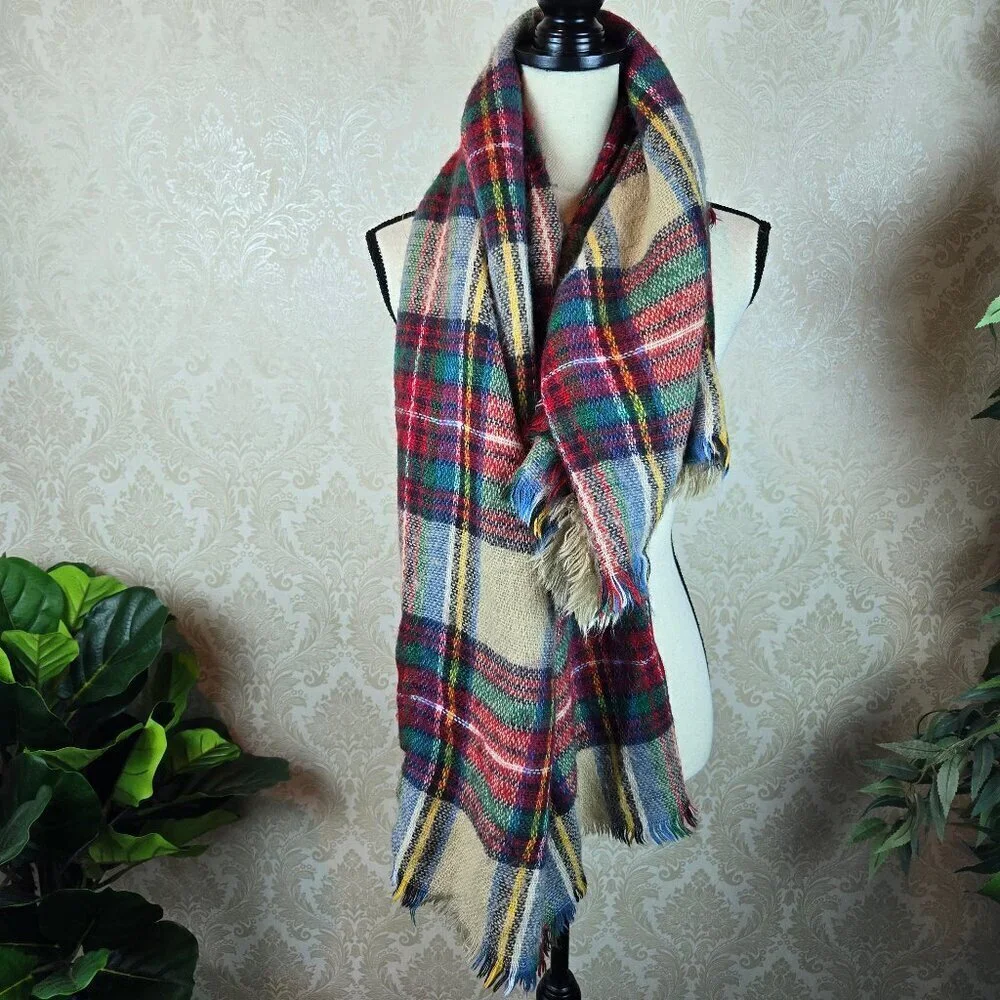 Large Square Plaid Blanket Scarf Red Green Cream Yellow Fringed Edges